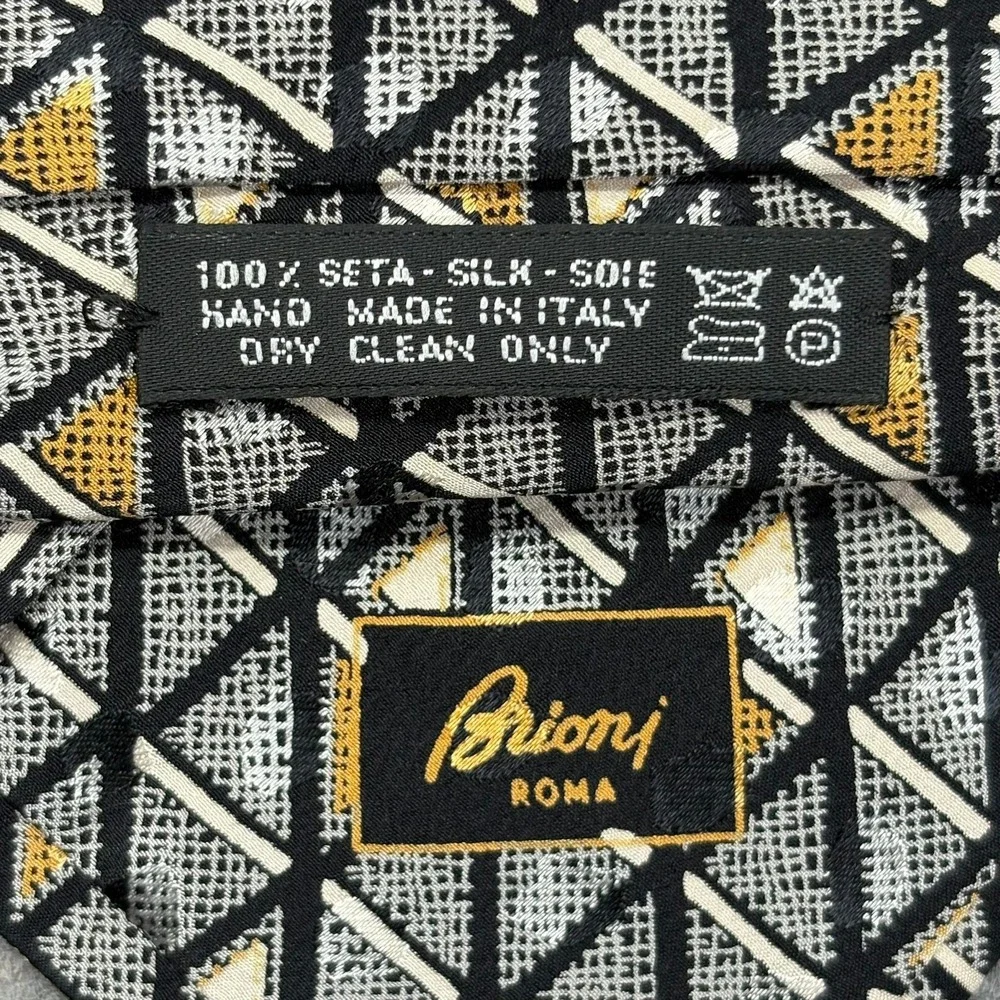 Brioni 100% Silk Necktie Mens Gray Gold Geometric Handmade Italy Tie 4x61